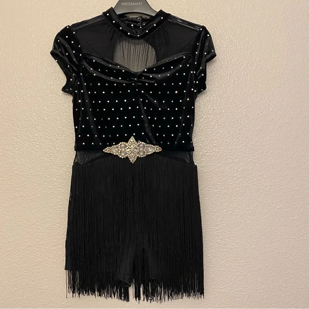 Weissman dance costume black velvet crystal fringe End Of Time 13009 MC 10/12